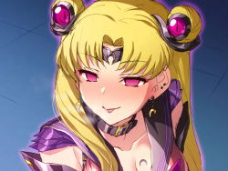 Rule 34 | 1girl, alternate eye color, belt collar, bishoujo senshi sailor moon, bishoujo senshi sailor moon s, blonde hair, breast tattoo, breasts, cleavage, collar, corruption, crescent, crescent earrings, derivative work, earrings, heavy breathing, jewelry, looking at viewer, meme, parted bangs, pink eyes, sailor moon, sailor moon redraw challenge (meme), satou kuuki, screenshot redraw, sketch, solo, tattoo, tiara, tsukino usagi, twintails, upper body
