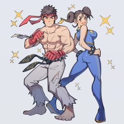 Rule 34 | 1boy, 1girl, :d, abs, ass, barefoot, black hair, bracelet, brown eyes, brown hair, capcom, chun-li, clenched hands, closed mouth, commentary, double bun, double vertical stripe, doughnut hair bun, english commentary, expressionless, fingerless gloves, forked eyebrows, full body, gloves, grey background, hair bun, hair ribbon, hands on own hips, headband, highres, jewelry, kalamari, looking at viewer, looking back, muscular, muscular male, nipples, open mouth, pants, pectorals, red gloves, ribbon, ryu (street fighter), sash, scar, scar on arm, scar on chest, short hair, simple background, skin tight, sleeveless, smile, sparkle, spiked bracelet, spikes, standing, street fighter, street fighter v, street fighter zero (series), topless male, torn clothes, torn pants, unitard, yellow ribbon