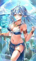 Rule 34 | 1girl, against railing, ahoge, armlet, bikini, bikini top only, blue bikini, blue hair, blue skirt, blush, bracelet, breasts, colored tips, commentary, crossed bangs, double-parted bangs, earrings, frilled bikini, frills, front-tie bikini top, front-tie top, hai 0013, hair between eyes, harem outfit, head chain, heart, heart ahoge, highres, hololive, jewelry, knee up, large breasts, long hair, long skirt, looking at viewer, multicolored hair, necklace, ocean, open mouth, outdoors, panties, panty straps, pointy ears, railing, side slit, skirt, solo, streaked hair, surprised, swimsuit, thighlet, underwear, veil, very long hair, virtual youtuber, white panties, yellow eyes, yukihana lamy