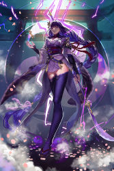 Rule 34 | 1girl, armor, braid, breasts, bridal gauntlets, cleavage, coattails, commentary request, falling petals, floral print, full body, genshin impact, geta, hair ornament, holding, holding polearm, holding spear, holding weapon, japanese clothes, kimono, large breasts, long hair, long sleeves, looking at viewer, mitsudomoe (shape), mole, mole under eye, naginata, nail polish, obi, obiage, obijime, open mouth, petals, polearm, purple eyes, purple hair, purple nails, raiden shogun, ribbon, sash, shoulder armor, solo, spear, standing, tassel, thighhighs, tomoe (symbol), torii, vision (genshin impact), weapon, wide sleeves, yamakawa umi
