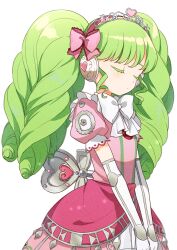 Rule 34 | 1girl, absurdres, bow, buchi (y0u0ri ), closed eyes, closed mouth, cowboy shot, dress, elbow gloves, expressionless, falulu, gloves, green hair, hair bow, headphones, highres, idol clothes, long hair, pink bow, pink dress, pretty series, pripara, puffy short sleeves, puffy sleeves, short sleeves, sidelocks, simple background, solo, standing, tiara, twintails, white background, white bow, white gloves, winding key