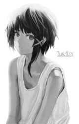 Rule 34 | 1girl, akira (aristole), asymmetrical hair, closed mouth, commentary request, hair ornament, hairclip, iwakura lain, looking at viewer, medium hair, monochrome, serial experiments lain, simple background, solo, tank top, white background