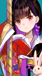 Rule 34 | 1girl, animal, aqua background, black hair, black straps, blush, braid, commentary request, floral print, flower, fuzichoco, hair flower, hair ornament, highres, hime cut, holding, holding pole, japanese clothes, kimono, long sleeves, looking at viewer, medium hair, multicolored hair, obi, original, paid reward available, pole, purple flower, purple hair, rabbit, red eyes, sash, shirt stay, side braid, simple background, single braid, sleeves past wrists, smile, solo, solo focus, straight-on, two-tone hair, upper body