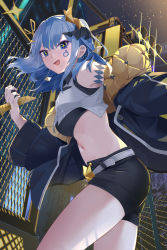Rule 34 | 1girl, :d, alternate hair length, alternate hairstyle, black shorts, blue eyes, blue hair, breasts, chain-link fence, commentary, crop top, cropped vest, earrings, facial mark, fence, floating hair, from side, hair ornament, hairclip, hololive, hoshimachi suisei, jacket, jewelry, leaning forward, medium hair, midriff, mujinbensin, navel, night, night sky, off shoulder, open mouth, short shorts, shorts, sky, small breasts, smile, solo, sparkling eyes, star (symbol), star hair ornament, star in eye, stomach, symbol-only commentary, symbol in eye, thighs, vest, virtual youtuber