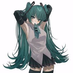 Rule 34 | 1girl, armpits, arms behind head, arms up, bad id, bad twitter id, black skirt, black thighhighs, collared shirt, cowboy shot, detached sleeves, dress, green eyes, green hair, green necktie, hatsune miku, highres, long hair, looking at viewer, miniskirt, mouth hold, necktie, pleated skirt, shirt, simple background, skirt, sleeveless, sleeveless dress, solo, tachibana wataru (123tsuki), thighhighs, twintails, vocaloid, white background, white shirt, zettai ryouiki