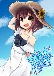 Rule 34 | 1girl, blue sky, brown eyes, brown hair, cloud, collarbone, commentary request, cover, cowboy shot, dress, hat, highres, kantai collection, looking at viewer, nassukun, open mouth, round teeth, short hair, sky, smile, solo, speaking tube headset, straw hat, sun hat, teeth, upper teeth only, white dress, yukikaze (kancolle)