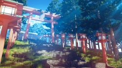 Rule 34 | blue sky, cloud, dappled sunlight, day, forest, grass, hachio81, highres, lantern, nature, no humans, original, outdoors, plant, scenery, shrine, sky, stairs, sunlight, torii, tree, wooden lantern