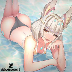 Rule 34 | 1girl, absurdres, animal ear fluff, animal ears, ass, bikini, breasts, cleavage, grey hair, highres, in water, looking at viewer, nia (xenoblade), short hair, small breasts, solo, swimsuit, water, xenoblade chronicles (series), xenoblade chronicles 3, yellow eyes, zambonito