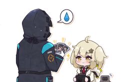 Rule 34 | 1other, 2girls, ahoge, arknights, black jacket, blush, camera, chibi, collared shirt, commission, commissioner upload, doctor (arknights), drawing (object), drone, gloves, hair ornament, happy, holding, holding camera, hood, hood up, hooded jacket, jacket, kurotofu, long sleeves, looking at another, medium hair, multiple girls, necktie, non-web source, open clothes, open jacket, orange eyes, plume (arknights), red necktie, scene (arknights), shirt, smile, solo, spoken sweatdrop, sweatdrop, transparent background, upper body, white gloves, white jacket, white shirt
