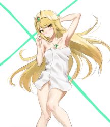 Rule 34 | 1girl, athenawyrm, blonde hair, blush, breasts, cleavage, collarbone, covering privates, large breasts, long hair, looking at viewer, mythra (xenoblade), naked towel, nintendo, nude, simple background, solo, swept bangs, towel, white background, white towel, xenoblade chronicles (series), xenoblade chronicles 2, yellow eyes