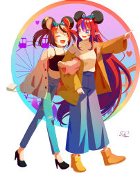 Rule 34 | 2girls, :d, ^ ^, absurdres, alternate costume, animal ears, bag, black camisole, black footwear, blue eyes, blue pants, boots, bow, camisole, casual, closed eyes, commentary, earclip, english commentary, fake animal ears, full body, hair between eyes, hair bow, hakos baelz, heart, heterochromia, high heels, highres, hololive, hololive english, horns, icyboon, irys (hololive), jacket, locked arms, long hair, long sleeves, looking at another, midriff, mouse ears, multicolored hair, multiple girls, multiple horns, navel, open clothes, open jacket, open mouth, orange footwear, orange jacket, pants, pink jacket, pointing, pointy ears, polka dot, polka dot bow, purple hair, red eyes, red hair, shirt, shoes, short hair, signature, simple background, smile, spaghetti strap, streaked hair, turtleneck, twintails, two-tone hair, very long hair, virtual youtuber, walking, white background, white shirt, yuri