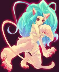 Rule 34 | 1girl, alternate eye color, animal ears, animal hands, bad id, bad pixiv id, big hair, blue hair, capcom, cat ears, cat paws, cat tail, claws, felicia (vampire), fur, may02, pink eyes, red eyes, simple background, solo, tail, vampire (game)