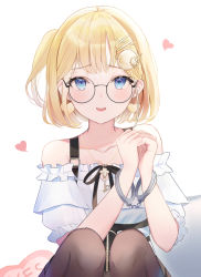 Rule 34 | 1girl, bare shoulders, black-framed eyewear, black ribbon, blonde hair, blue eyes, brown pantyhose, chain, chain necklace, collarbone, commentary, cuffs, earrings, english commentary, hair ornament, hairclip, handcuffs, hands up, heart, heart earrings, highres, hololive, hololive english, jewelry, key, looking at viewer, necklace, off-shoulder shirt, off shoulder, official alternate costume, one side up, open mouth, own hands together, pantyhose, ribbon, round eyewear, shirt, short hair, short sleeves, sidelocks, simple background, sisoha, solo, virtual youtuber, watson amelia, watson amelia (street casual), white background, white shirt, yes-no pillow, zipper