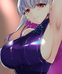 Rule 34 | 1girl, arm up, armpits, bare shoulders, blue hair, blue one-piece swimsuit, blush, bracelet, breasts, earrings, fate/grand order, fate (series), highres, jewelry, kama (fate), kama (swimsuit avenger) (fate), kama (swimsuit avenger) (third ascension) (fate), kankitsu kei, large breasts, long hair, looking at viewer, multicolored hair, one-piece swimsuit, red eyes, sideboob, silver hair, smile, solo, star (symbol), star earrings, swimsuit, two-tone hair