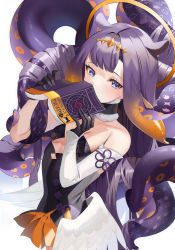 Rule 34 | 1girl, absurdres, ao-chan (ninomae ina&#039;nis), bare shoulders, black choker, black gloves, blue eyes, book, breasts, choker, commentary, english commentary, gloves, highres, holding, holding book, hololive, hololive english, holomyth, long hair, looking at viewer, low wings, ninomae ina&#039;nis, ninomae ina&#039;nis (1st costume), open mouth, purple hair, simple background, small breasts, solo, suigetsu (hjs1106), takodachi (ninomae ina&#039;nis), tentacles, virtual youtuber, white background, white wings, wings