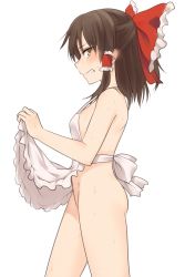Rule 34 | 1girl, apron, apron lift, ass, bare arms, bare shoulders, black hair, blush, bow, breasts, brown eyes, clenched teeth, clothes lift, commentary request, ear blush, embarrassed, from side, hair bow, hair tubes, hakurei reimu, highres, large bow, lifted by self, medium hair, miyo (ranthath), naked apron, red bow, simple background, small breasts, solo, sweat, teeth, touhou, white apron, white background