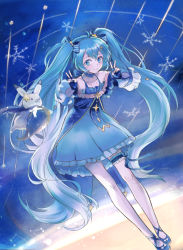 Rule 34 | 1girl, 1other, ahoge, andedalive, aqua eyes, aqua hair, bad id, bad twitter id, balloon, blue bow, blue dress, bow, closed mouth, constellation, constellation print, double v, dress, dutch angle, expressionless, frilled dress, frilled sleeves, frills, full body, hair bow, hair ornament, hairclip, hands up, hatsune miku, highres, leaning forward, long hair, looking at viewer, night, night sky, rabbit, rabbit yukine, shooting star, sky, snowflakes, star (symbol), star hair ornament, star print, striped, striped bow, thigh strap, thighhighs, twintails, v, very long hair, vocaloid, white thighhighs, yuki miku, yuki miku (2017)