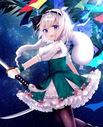 Rule 34 | 1girl, adapted costume, black hairband, black thighhighs, blue eyes, blush, bow, breasts, commentary request, dress, dress bow, dual wielding, frilled hairband, frilled skirt, frills, green dress, hairband, hitodama, holding, katana, konpaku youmu, konpaku youmu (ghost), looking at viewer, medium breasts, open mouth, pink bow, puffy short sleeves, puffy sleeves, sakizaki saki-p, shirt, short hair, short sleeves, skirt, solo, standing, sword, teeth, thighhighs, touhou, twitter username, upper teeth only, weapon, white shirt, wrist cuffs