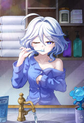 Rule 34 | 1girl, :t, absurdres, alternate costume, blue eyes, blue hair, blue pajamas, blush, breasts, commentary request, dasoin, furina (genshin impact), genshin impact, highres, holding, holding toothbrush, medium breasts, midriff, multicolored hair, off shoulder, one eye closed, pajamas, plant, short hair, solo, symbol-shaped pupils, toothbrush, water, white hair