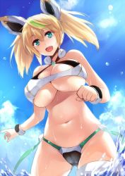 Rule 34 | 1girl, :d, aqua eyes, bikini, blonde hair, blush, bracelet, breasts, cleavage, cloud, cowboy shot, day, gene (pso2), goban, green hair, hair between eyes, headgear, jewelry, large breasts, long hair, looking at viewer, multicolored hair, navel, open mouth, partially submerged, phantasy star, phantasy star online 2, smile, solo, stomach, streaked hair, sunlight, swimsuit, twintails, underboob, wading, water, wet