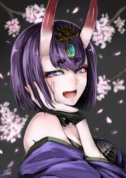 Rule 34 | 1girl, :d, bad id, bad pixiv id, black hair, bob cut, cherry blossoms, eyeliner, fang, fangs, fate/grand order, fate (series), hand on own cheek, hand on own face, highres, horns, japanese clothes, kimono, makeup, off shoulder, open mouth, short eyebrows, shuten douji (fate), skin-covered horns, smile, solo, upper body, yusuki (fukumen)
