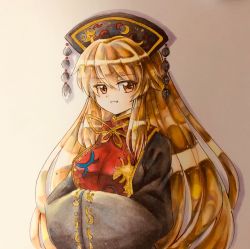 Rule 34 | 1girl, blonde hair, breasts, chinese clothes, crescent, dress, grin, hair between eyes, hands in opposite sleeves, hat, highres, hisako (6anmbblfnjueeff), junko (touhou), large breasts, long hair, phoenix crown, red eyes, smile, smug, solo, tabard, touhou, very long hair, wide sleeves, yellow eyes