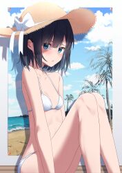 Rule 34 | 1girl, absurdres, bare arms, bare legs, bikini, black hair, blue eyes, blush, bow, breasts, brown hat, cleavage, collarbone, feet out of frame, from side, hair between eyes, halterneck, hat, hat bow, hat ribbon, highres, kiona (giraffe kiona), looking at viewer, medium hair, open mouth, original, ribbon, shadow, sitting, small breasts, solo, straight hair, straw hat, string bikini, sun hat, swimsuit, white bikini, white bow, white ribbon