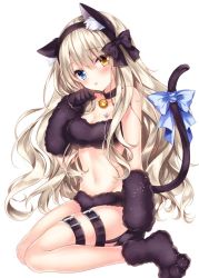 Rule 34 | 1girl, animal ear fluff, animal ears, bare legs, bare shoulders, bell, black bow, black choker, black gloves, blue bow, blue eyes, bow, breasts, brown hair, cat ears, cat girl, cat tail, choker, cleavage, collarbone, commentary request, gloves, groin, hair bow, hairband, hand up, heterochromia, jingle bell, leg belt, lingerie, long hair, looking at viewer, luca (nogi takayoshi), medium breasts, navel, nogi takayoshi, orange eyes, original, paw shoes, shoes, simple background, solo, tail, tail bow, tail ornament, tongue, tongue out, underwear, very long hair, wavy hair, white background