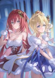 Rule 34 | 2girls, alternate costume, bare shoulders, blonde hair, blue dress, blue eyes, blurry, blurry background, breasts, cleavage, cowboy shot, dress, europa (granblue fantasy), gloves, godsworn alexiel, granblue fantasy, hair ornament, highres, long hair, looking at viewer, medium breasts, mittens, multiple girls, own hands together, red eyes, red hair, ribbon, shiromimin, short hair, smile, strapless, strapless dress, tiara, white gloves