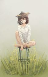 Rule 34 | 1girl, absurdres, ahoge, arknights, bare shoulders, barefoot, brown hair, chair, closed mouth, collarbone, collared shirt, feather hair, feet on chair, full body, glasses, green eyes, grey background, hair flaps, hands on legs, highres, huge filesize, knee up, legs, long sleeves, looking away, looking to the side, no pants, off shoulder, one eye closed, plant, semi-rimless eyewear, shirt, short hair, sidelocks, silence (arknights), simple background, sitting, sleeve cuffs, solo, white shirt, yoon cook
