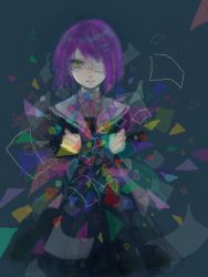 Rule 34 | 1girl, colorful, ef (visual novel), expressionless, eyepatch, hair ornament, hairclip, holding, long sleeves, looking at viewer, notebook, puffy sleeves, purple hair, school uniform, shindou chihiro, short hair, solo, standing, yellow eyes