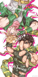 Rule 34 | 2boys, abs, aqua eyes, artist name, bare shoulders, battle tendency, belt, blonde hair, brown hair, caesar anthonio zeppeli, character name, chinese commentary, clothing cutout, colored shadow, commentary request, copyright name, crop top, facial mark, feather hair ornament, feathers, fingerless gloves, gloves, green eyes, green gloves, green jacket, hair ornament, hand up, headband, highres, jacket, jojo no kimyou na bouken, jojo pose, joseph joestar, joseph joestar (young), light smile, looking at viewer, male focus, multicolored clothes, multicolored scarf, multiple boys, muscular, navel, one eye covered, outstretched arm, parted lips, pink scarf, reaching, reaching towards viewer, sashiyu, scarf, shadow, shirt, short hair, sleeveless, sparkle, star (symbol), striped clothes, striped scarf, tank top, triangle print, upper body, upside-down, watermark, white shirt
