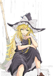 Rule 34 | 1girl, bamboo broom, blonde hair, bow, braid, broom, feet out of frame, hat, hat bow, highres, kashiwada kiiho, kirisame marisa, knee up, long hair, parted lips, shoes, short sleeves, sitting, socks, solo, touhou, white bow, witch hat, yellow eyes