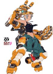 Rule 34 | 1girl, camisole, clenched hand, dark-skinned female, dark skin, dog tags, exoskeleton, green eyes, highres, jumpsuit, jumpsuit around waist, mecha, mechanical arms, mechanical legs, nanora, original, robot, science fiction, short hair, silver hair, simple background, single mechanical arm, solo, white background