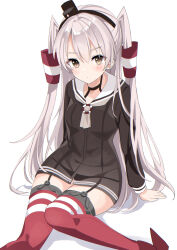 Rule 34 | 1girl, absurdres, amatsukaze (kancolle), arm support, black dress, blush, brown eyes, closed mouth, dress, fathom, grey hair, hair between eyes, hair tubes, highres, kantai collection, long hair, long sleeves, looking at viewer, red thighhighs, rudder footwear, sailor collar, sailor dress, simple background, solo, thighhighs, two side up, white background, white sailor collar