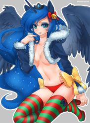 Rule 34 | 1girl, animal ears, bell, blue hair, boots, bow, crown, feathered wings, fur trim, green eyes, high heels, highres, horns, horse ears, horse girl, jacket, long hair, long sleeves, luna (my little pony), my little pony, my little pony: friendship is magic, navel, no bra, panties, personification, racoon-kun, red panties, single horn, smile, striped clothes, striped thighhighs, thigh boots, thighhighs, underwear, wings