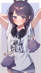 Rule 34 | 1girl, 852 box, animal ears, arms up, blunt bangs, blush, casual, closed mouth, commentary, cowboy shot, expressionless, extra ears, flat chest, floating, gradient background, grey background, grey shorts, hair ornament, hairclip, headphones, headphones around neck, highres, hololive, hololive english, looking at viewer, mole, mole under eye, ninomae ina&#039;nis, ninomae ina&#039;nis (loungewear), official alternate costume, purple eyes, purple hair, shirt, short hair, short shorts, short sleeves, shorts, solo, standing, symbol-only commentary, t-shirt, takodachi (ninomae ina&#039;nis), virtual youtuber, white shirt