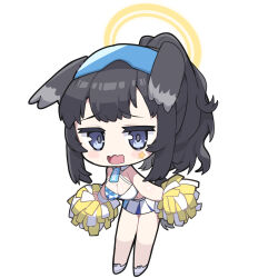 Rule 34 | 1girl, animal ears, black hair, blue archive, blush stickers, breasts, cheerleader, chibi, cleavage, detached collar, dog ears, dog tail, eyewear on head, full body, gari gari 1, halo, halterneck, hibiki (blue archive), hibiki (cheer squad) (blue archive), highres, holding, holding pom poms, large breasts, long hair, millennium cheerleader outfit (blue archive), official alternate costume, open mouth, pom pom (cheerleading), pom poms, purple eyes, safety glasses, shoes, simple background, solo, star (symbol), tail, white background, white footwear, yellow halo