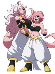 Rule 34 | 2girls, android 21, arm under breasts, ashido mina, black footwear, black sclera, boku no hero academia, breasts, cleavage, clenched hands, colored sclera, colored skin, cosplay, crossover, detached sleeves, dragon ball, dragon ball super, earrings, female focus, gold choker, harem pants, high heels, highres, horns, jewelry, long hair, look-alike, majin android 21, majin android 21 (cosplay), medium breasts, midriff, multiple girls, navel, one eye closed, pants, pink hair, pink skin, pointing, pointing at self, pointy ears, red eyes, short hair, silver hair, smile, standing, tail, teeth, tina fate, trait connection, upper teeth only, very long hair, white background, white pants, yellow eyes