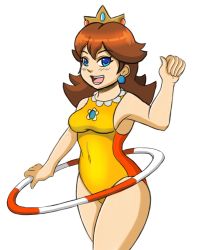 Rule 34 | 1girl, blue eyes, breasts, brown hair, covered navel, crown, earrings, grin, hand up, jewelry, large breasts, leotard, mario &amp; sonic at the olympic games, mario (series), nintendo, open mouth, princess daisy, sega, short hair, smile, solo, standing, super mario land, thighs, tomboy, yellow leotard