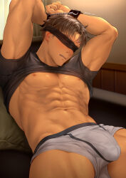 Rule 34 | 1boy, abs, bara, bare pectorals, black blindfold, blindfold, bound, bound wrists, boxer briefs, brown hair, bulge, clothes lift, covered eyes, grey male underwear, highres, jim (mondi hl), large pectorals, male focus, male underwear, mondi hl, muscular, muscular male, navel, nipples, original, pectorals, restrained, shirt, shirt lift, short hair, solo, underwear