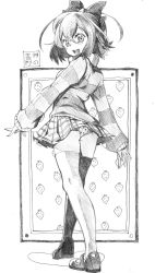 Rule 34 | 1girl, ass, borrowed character, bow, camila (stalking pantsu), crossed legs, eudetenis, food, food print, from behind, fruit, graphite (medium), greyscale, hair bow, highres, legs, looking at viewer, looking back, mary janes, monochrome, open mouth, original, panties, pantyshot, pleated skirt, print panties, shoes, short hair, signature, sitting, skirt, smile, solo, standing, strawberry, strawberry print, striped clothes, striped sweater, sweater, thighhighs, traditional media, underwear, upskirt