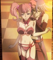 Rule 34 | 10s, 1boy, 1girl, amara (captain earth), bare shoulders, black thighhighs, blue hair, blush, bra, breasts, captain earth, checkered floor, cleavage, detached collar, earrings, floor, frilled bra, frills, garter belt, gloves, grin, hands on another&#039;s shoulders, highres, jewelry, large breasts, long hair, midriff, mirror, moco (captain earth), navel, panties, pink eyes, pink hair, red bra, red panties, red thighhighs, ribbon, screencap, shiny skin, single glove, smile, standing, stitched, strapless, strapless bra, thigh gap, thighhighs, third-party edit, twintails, underwear, underwear only, yellow eyes