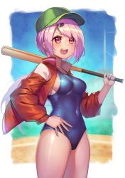 Rule 34 | 1girl, :d, baseball bat, baseball cap, blue one-piece swimsuit, blush, breasts, carrying over shoulder, covered navel, cowboy shot, day, green hat, hair ornament, hairclip, hand on own hip, hat, highres, holding, holding baseball bat, hrtyuk, jacket, long hair, long sleeves, looking afar, looking away, low ponytail, medium breasts, nijisanji, one-piece swimsuit, open mouth, outside border, pink hair, ponytail, red eyes, red jacket, school swimsuit, shiina yuika, shiny clothes, shiny skin, skin tight, smile, solo, swept bangs, swimsuit, swimsuit under clothes, virtual youtuber