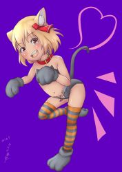 Rule 34 | 1girl, alternate costume, animal ear fluff, animal ears, artist name, bandeau, bare shoulders, black bandeau, black footwear, black shorts, blonde hair, blush, cat ears, cat girl, cat tail, collar, dark-skinned female, dark skin, dated, fang, female focus, flat chest, full body, hair ribbon, halloween, halloween costume, hands up, happy, heart, highres, katsura dendou, leg up, looking at viewer, micro shorts, navel, open mouth, orange thighhighs, paw shoes, purple background, red eyes, red ribbon, ribbon, rumia, shiny skin, shoes, short hair, short shorts, shorts, sidelocks, signature, simple background, smile, solo, standing, standing on one leg, stomach, striped clothes, striped thighhighs, tail, teeth, thighhighs, touhou, two-tone background