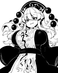 Rule 34 | 1girl, absurdres, breasts, chinese clothes, dress, duplicate, floating hair, from below, greyscale, grin, hat, highres, himajin noizu, huge breasts, junko (touhou), large breasts, long hair, looking at viewer, mature female, monochrome, pixel-perfect duplicate, shaded face, simple background, smile, solo, tabard, touhou, white background, wide sleeves