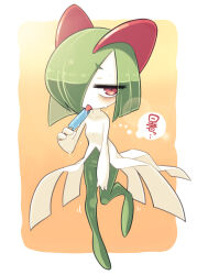 Rule 34 | bags under eyes, colored skin, creatures (company), food, game freak, gen 3 pokemon, green hair, hair over one eye, highres, holding, holding food, holding popsicle, horns, ino (tellu0120), kirlia, looking at viewer, multicolored skin, nintendo, orange background, pink eyes, pokemon, pokemon (creature), popsicle, sidelocks, summer, sweat, tongue, tongue out, two-tone skin, white skin