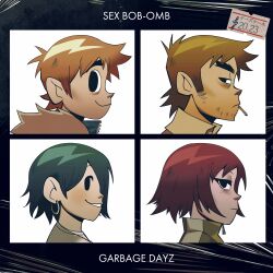 Rule 34 | 2boys, 2girls, absurdres, album cover, album cover redraw, artist name, bags under eyes, beard stubble, black background, black eyes, black hair, blush, bob cut, brown hair, cellophane, cigarette, closed mouth, collared shirt, commentary, cover, currycheesecake, demon days (gorillaz), derivative work, earrings, english commentary, english text, expressionless, facial hair, fake cover, freckles, from side, frown, fur-trimmed jacket, fur trim, gorillaz, green jacket, grin, hair behind ear, highres, hoop earrings, jacket, jewelry, kim pine, knives chau, light blush, looking to the side, mandarin collar, mouth hold, multiple boys, multiple girls, necklace, parody, parted lips, pendant, price tag, profile, red hair, scott pilgrim, scott pilgrim (series), scott pilgrim takes off, shirt, short hair, sideburns, smile, smoking, stephen stills, stubble, style parody, t-shirt, thick eyebrows, title, track jacket, white shirt, zipper pull tab