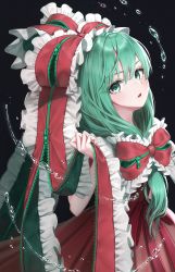 Rule 34 | 1girl, adapted costume, black background, bow, commentary request, dark background, dress, frills, from side, front ponytail, gradient background, green eyes, green hair, hair between eyes, hair bow, hair ribbon, highres, holding, kagiyama hina, long hair, looking at viewer, parted lips, red bow, red dress, red ribbon, ribbon, solo, standing, torinari (dtvisu), touhou, upper body, water, zipper, zipper pull tab
