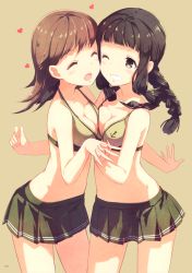 Rule 34 | 10s, 2girls, ;d, ^ ^, absurdres, anchor symbol, bare shoulders, bikini, bikini top only, black hair, blush, braid, breast press, breasts, brown hair, cleavage, closed eyes, closed eyes, grin, h2so4, heart, highres, kantai collection, kitakami (kancolle), long hair, medium breasts, multiple girls, navel, one eye closed, ooi (kancolle), open mouth, short hair, skirt, smile, standing, swimsuit, symmetrical docking, tongue, yellow eyes, yuri